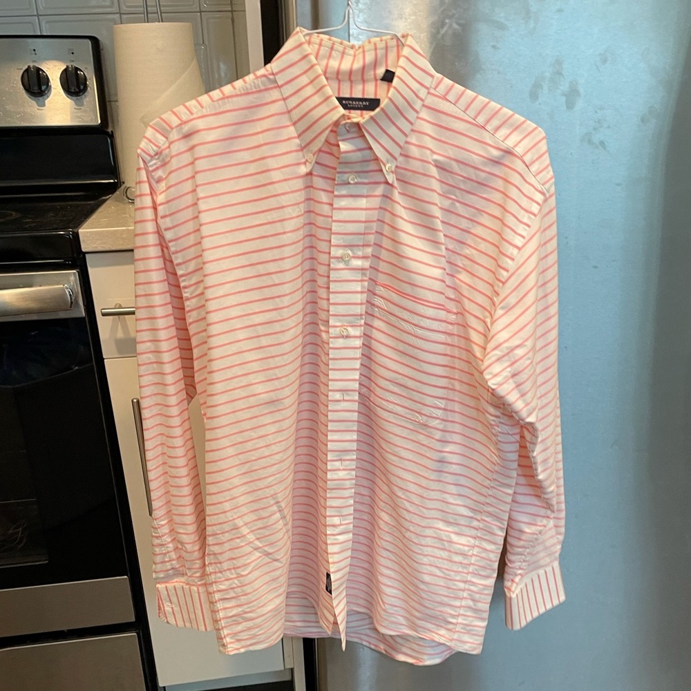 Burberry Men’s Dress Shirts Large White Red/Peach